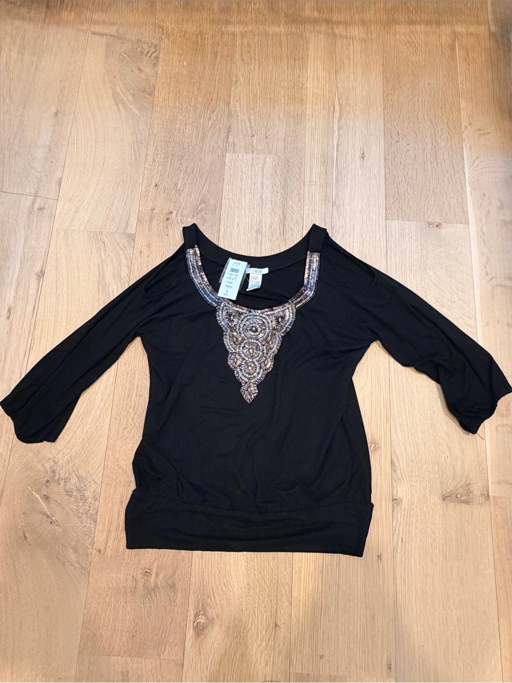 Cache Black Embellished Cold Shoulder Top XL Boho Glam Beaded Tunic